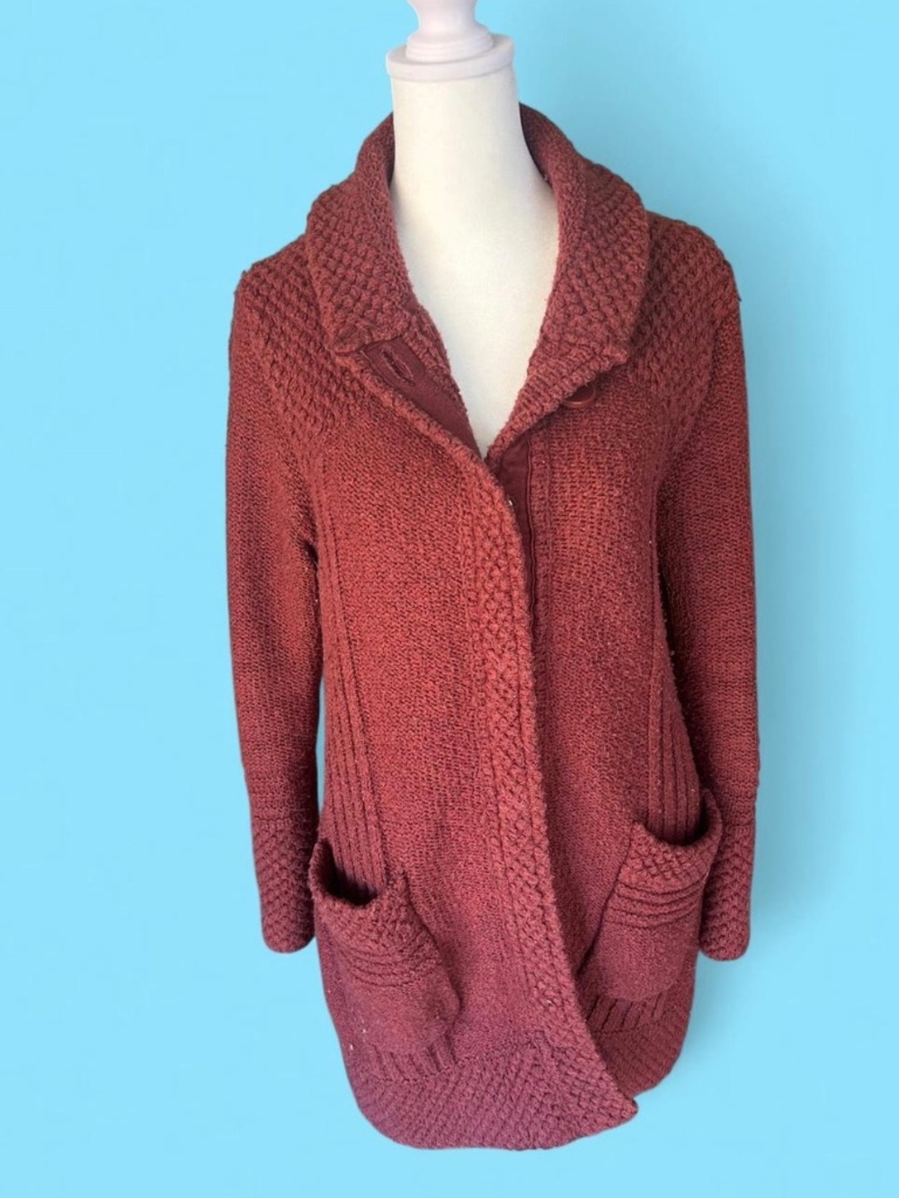Prana Red Cotton Wool Blend Long Pocket Cardigan - Size S